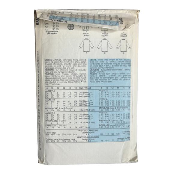 Butterick 6882 Misses' Jacket Pattern  - Size 8-10-12 - Picture 3 of 5